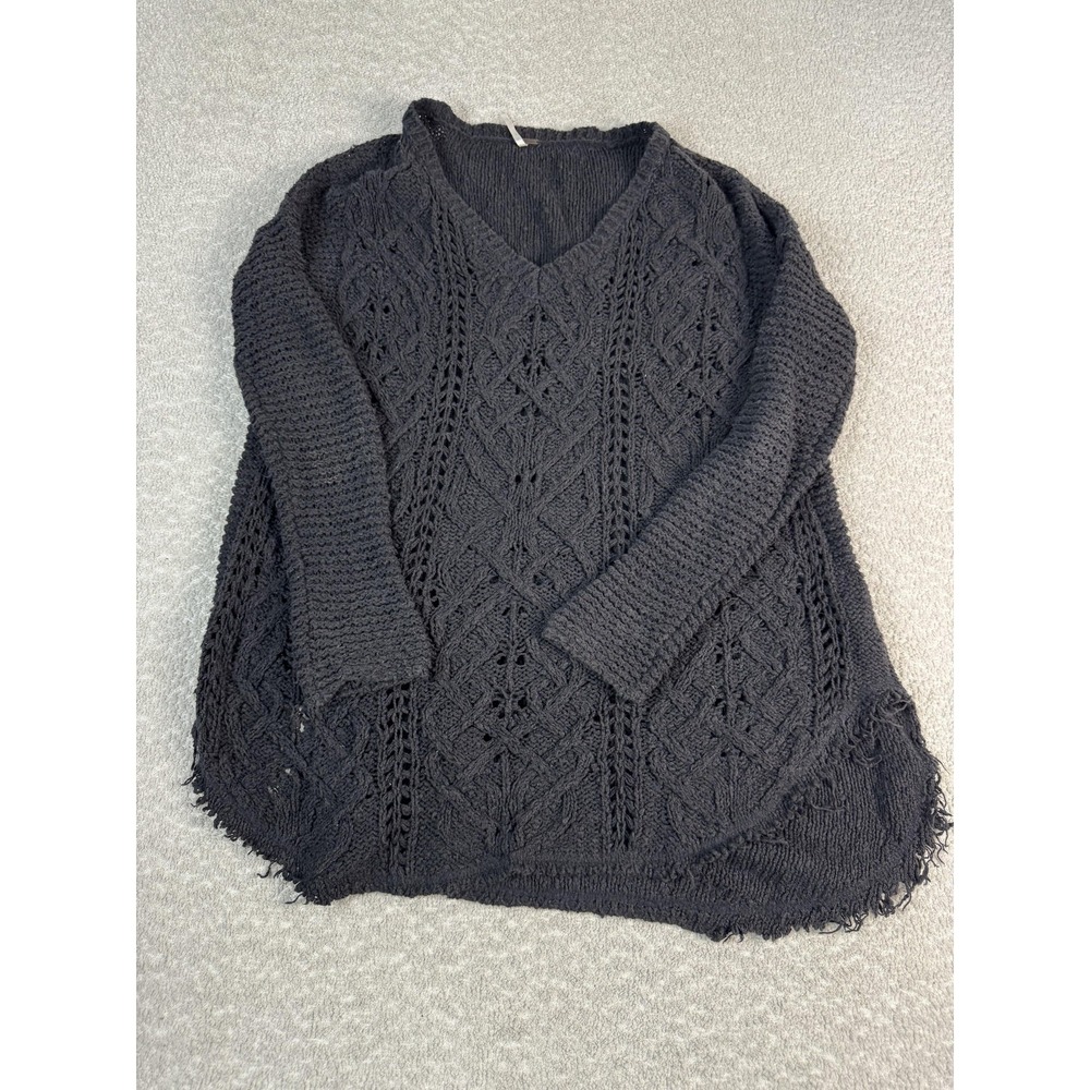 Free People Sweater Tunic Womens Small Black 100% Cotton Open Knit Fringe Hem‎